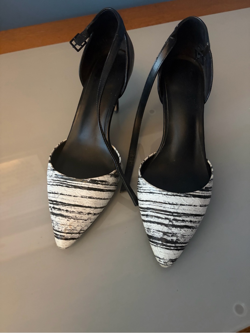 le chateau Black and White Striped Pointed Ankle-Strap Heels